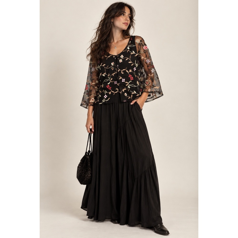 Ariella Embroidered Top Black Floral Mesh Overlay Whimsygoth OS
